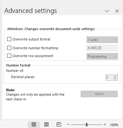Shows the 'Advanced settings' window of Disclosure Management in MS Excel with the note 'Attention: Changes overwrite document-wide settings!', the options 'Overwrite output format', 'Overwrite number formatting' and 'Overwrite row assignment', the area 'Number format' with 'Decimal places', and the 'Apply' button.