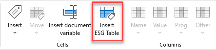 Shows the areas 'Cells' and 'Columns' of the Excel ribbon for Disclosure Management in Office for Desktop. Highlighted in red is the 'Insert ESG Table' button.