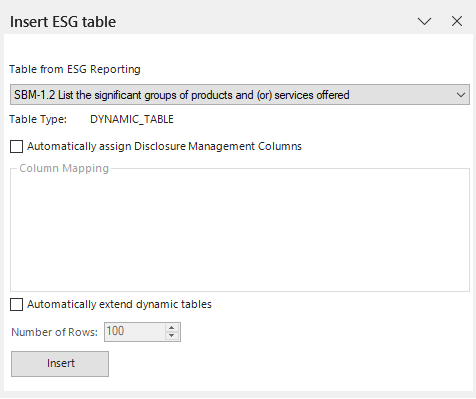 Shows the 'Insert ESG table' dialog of Disclosure Management in MS Excel with the drop-down list 'Table from ESG Reporting', the 'Table Type' 'DYNAMIC_TABLE', the options 'Automatically assign Disclosure Management Columns' and 'Automatically extend dynamic tables', the area 'Column Mapping', the field 'Number of Rows' and the 'Insert' button.