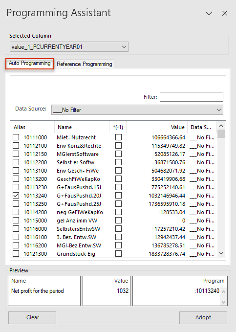 Shows the 'Programming Assistant' window of Disclosure Management in MS Excel with the drop-down list 'Selected Column', the 'Auto Programming' tab with the field 'Filter', the drop-down list 'Data Source' and a list of report values with the columns 'Alias', 'Name', '*(-1)', 'Value' and 'Data Source', the 'Preview' and the buttons 'Clear' and 'Adopt'. Highlighted in red is the 'Auto Programming' tab.