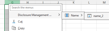 Shows the context menu of a column in MS Excel with the entry 'Disclosure Management ...' and its submenus 'Name' and 'name_2'.
