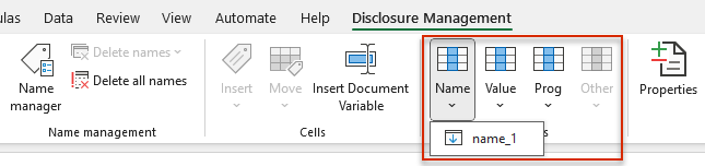 Shows part of the Excel ribbon for Disclosure Management in Office for Desktop with the opened menu of the 'Name' button and the entry 'name_1'. Highlighted in red are the buttons 'Name', 'Value', 'Prog' and 'Other' in the 'Columns' area.