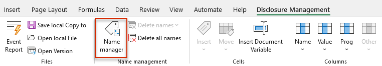 Shows part of the Excel ribbon for Disclosure Management in Office for Desktop with the areas 'Files', 'Name management', 'Cells' and 'Columns'. Highlighted in red is the 'Name manager' button.