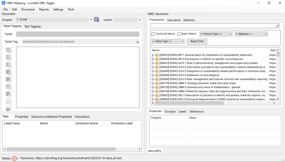 Shows the 'XBRL Mapping - Lucanet XBRL Tagger' window opened from Disclosure Management with the 'Document' area, the 'Table Tagging' and 'Text Tagging' tabs, and the 'XBRL Taxonomy' area with the 'Presentation', 'Calculation', and 'Definition' tabs listing ESRS taxonomy items.