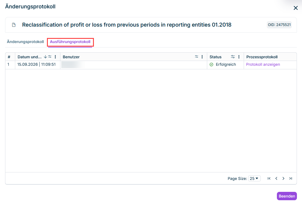 Zeigt den Reiter 'Ausführungsprotokoll' des Änderungsprotokolls an.