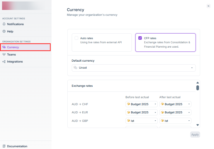 Shows the 'Currency' organization settings in Lucanet xP&A with the options 'Auto rates' and 'CFP rates' (selected), the 'Default currency' drop-down list set to 'Unset', and the 'Exchange rates' section listing currency relations such as 'AUD -> CHF', 'AUD -> EUR', and 'AUD -> GBP', each with two data-level drop-down lists in the columns 'Before last actual' and 'After last actual', plus the 'Apply' button. Highlighted in red is the 'Currency' menu item under 'Organization settings' in the left navigation.