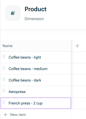 Shows the 'Product' dimension in xP&A, with dimension items listed under 'Name': 'Coffee beans - light', 'Coffee beans - medium', 'Coffee beans - dark', 'Aeropress', and 'French press - 2 cup'. Highlighted in purple is the 'French press - 2 cup' item.