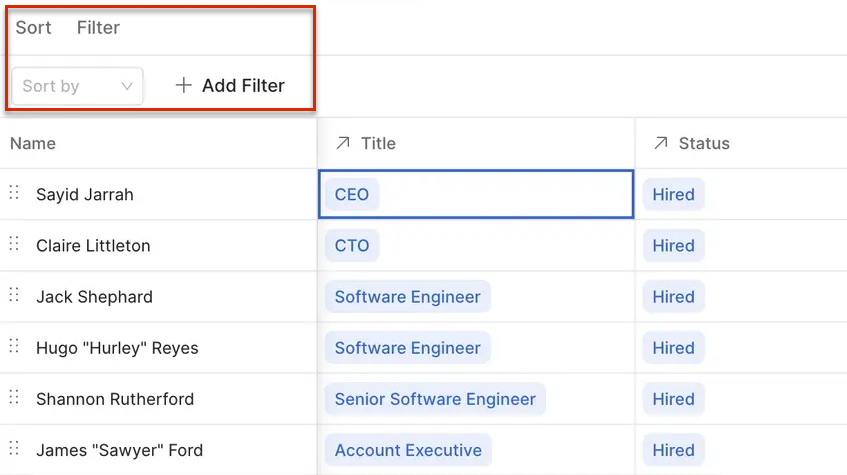 Shows the detail view of the 'Employee' dimension in xP&A. Highlighted in red are the 'Sort' and 'Filter' controls, including the 'Sort by' drop-down list and the '+ Add Filter' button.