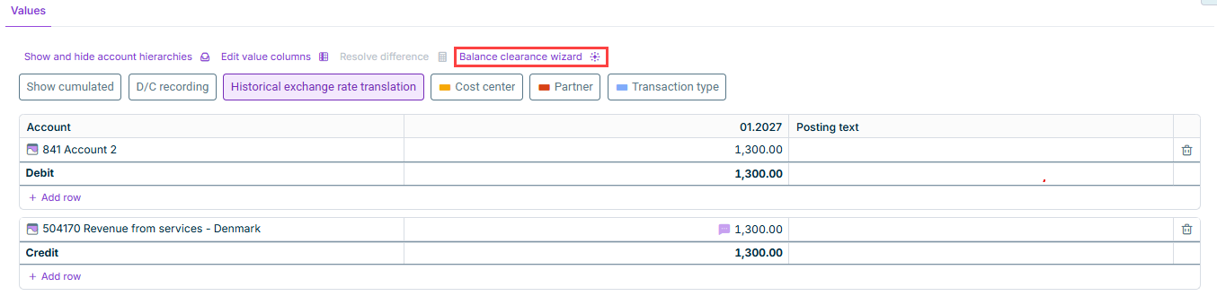 Shows the 'Values' tab of a manual posting in Lucanet Consolidation & Financial Planning with accounts and posting values for '01.2027'. Highlighted in red is the 'Balance clearance wizard' button in the toolbar.