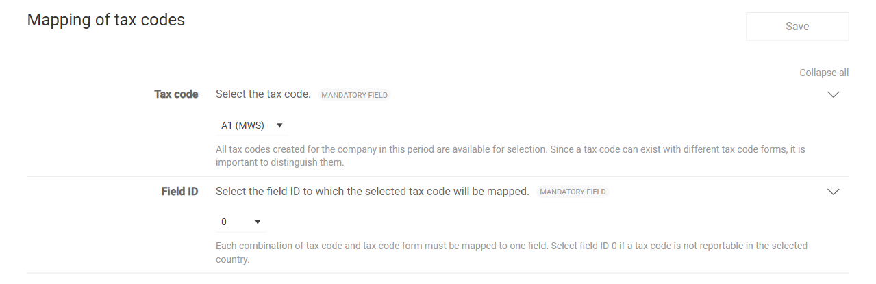 Shows the page for creating a mapping in VAT with the 'Save' button and the mandatory fields 'Tax code' with the value 'A1 (MWS)' and 'Field ID' with the value '0'.