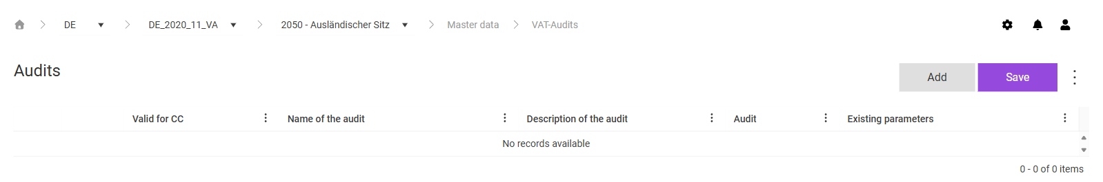 Shows the 'VAT-Audits' workspace in VAT with the heading 'Audits', the 'Add' and 'Save' buttons, the three-dot icon, and the columns 'Valid for CC', 'Name of the audit', 'Description of the audit', 'Audit', and 'Existing parameters'. The table does not contain any entries yet.