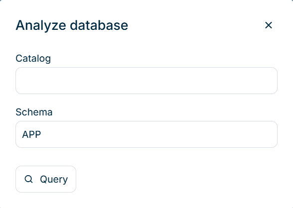 Shows the 'Analyze database' dialog in Lucanet Consolidation & Financial Planning with the 'Catalog' and 'Schema' fields and the 'Query' button.