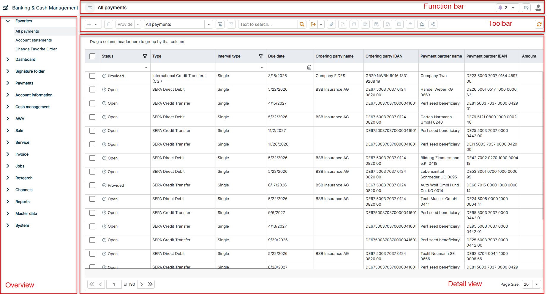 The Banking & Cash Management user interface is displayed.