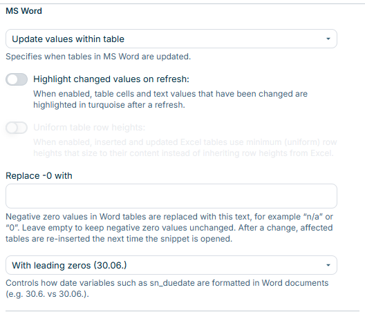 'MS Word' dialog with the settings for MS Word documents