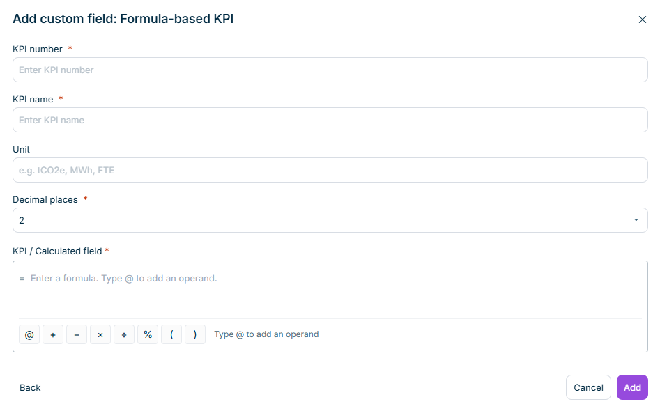 The dialog for creating a formula-based KPI, with the fields for number, name, unit, and decimal places, and the empty formula editor.