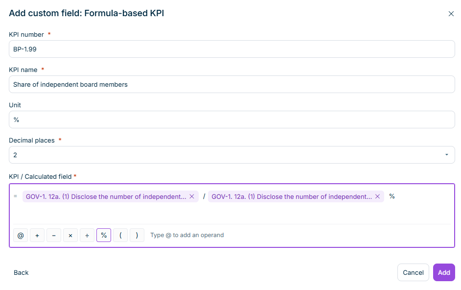 The formula editor with two operands joined by a division operator and followed by the percentage operator.