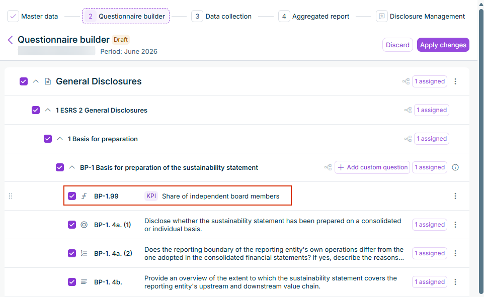 The questionnaire builder showing the new KPI at the top of the BP-1 disclosure requirement, with the formula icon and the 'KPI' badge.