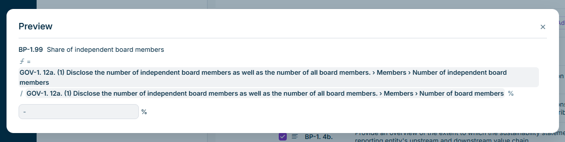 The 'Preview' dialog showing the KPI number, name, the formula with the full path of each operand, and an empty read-only value field with the unit.
