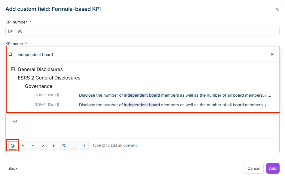 The operand catalog with the search term 'independent board' entered and the matching parts of the question text highlighted.