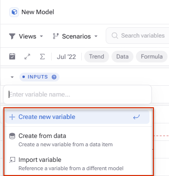 Shows the drop-down menu displayed when adding a new variable in xP&A, with the 'Create new variable', 'Create from data', and 'Import variable' options highlighted in red.