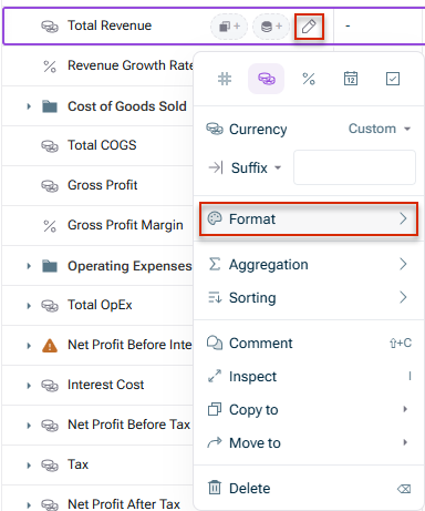 Shows the context menu of the 'Total Revenue' variable in xP&A, with the 'Format' option highlighted in red above the 'Aggregation' and 'Sorting' options.