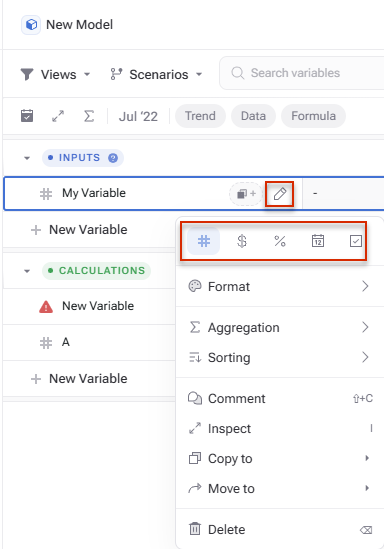 Shows the variable row 'My Variable' in xP&A with the edit icon highlighted in red, and the format-type icons for number, currency, percent, date, and boolean highlighted in red above the 'Format', 'Aggregation', 'Sorting', 'Comment', 'Inspect', 'Copy to', 'Move to', and 'Delete' menu options.