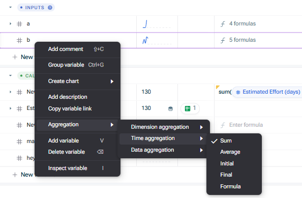 Shows the right-click context menu of a variable in xP&A, with 'Aggregation' expanded to show 'Dimension aggregation', 'Time aggregation', and 'Data aggregation', and the 'Time aggregation' submenu open with 'Sum' selected.