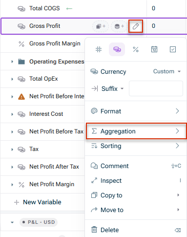 Shows the context menu of the 'Gross Profit' variable in xP&A, with the edit icon and the 'Aggregation' menu option highlighted in red.