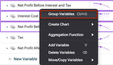 Shows the right-click context menu of selected variables in xP&A, with the 'Group Variables' option highlighted in red.