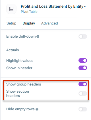 Shows the 'Display' tab of a table's details in xP&A, with the 'Show group headers' and 'Show section headers' options highlighted in red.
