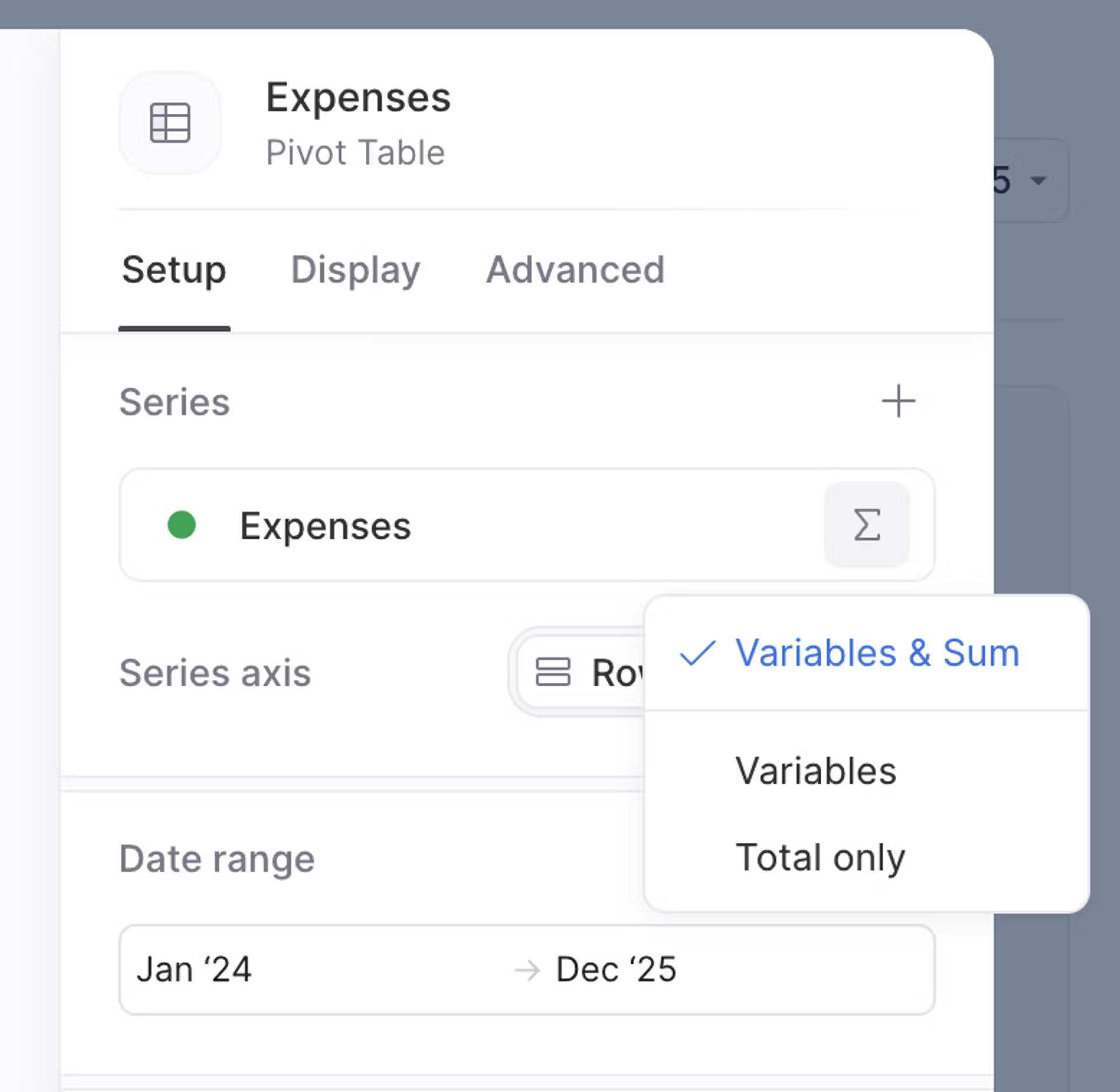 Shows the 'Setup' tab of the 'Expenses' pivot table in xP&A, with the 'Series axis' drop-down menu open showing 'Variables & Sum' selected, alongside the 'Variables' and 'Total only' options, and the date range set from 'Jan '24' to 'Dec '25'.