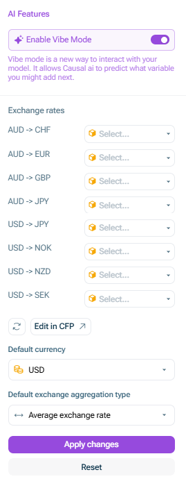 Shows the currency options in the 'Model Settings' panel of Lucanet xP&A, including the 'Exchange rates' section with currency relations such as 'AUD -> CHF', the 'Edit in CFP' link, the 'Default currency' field set to 'USD', and the 'Default exchange aggregation type' drop-down list set to 'Average exchange rate'.