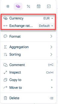 Shows the variable settings menu in Lucanet xP&A with the 'Currency' field set to 'EUR' and the 'Exchange rat...' (aggregation type) field set to 'Default', alongside 'Format', 'Aggregation', 'Sorting', 'Comment', 'Inspect', 'Copy to', 'Move to', and 'Delete' options. Highlighted in red are the 'Currency' and 'Exchange rate' fields.
