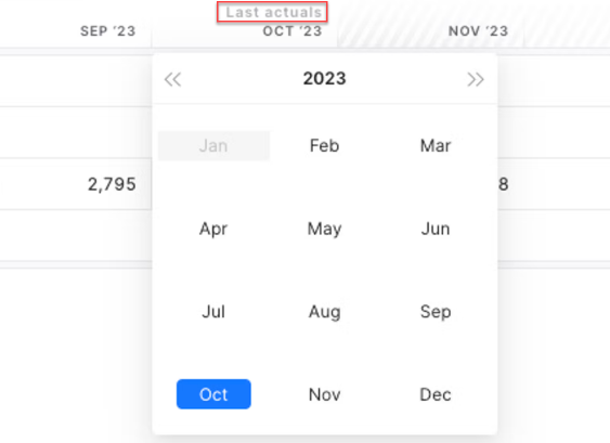 Shows a calendar in xP&A for selecting a new 'Last actual date', displaying '2023' with 'Jan' grayed out and 'Oct' selected in blue. Highlighted in red is the current 'Last actuals' label above the 'OCT '23' column header in the spreadsheet.