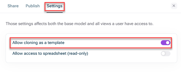 Shows the 'Settings' tab of the model sharing dialog in xP&A. Highlighted in red are the 'Settings' tab and the activated 'Allow cloning as a template' toggle.