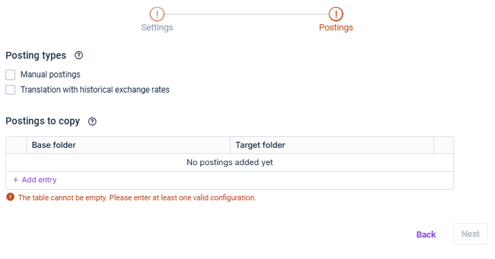 Shows the 'Postings' step of the app 'Copy postings into other consolidation areas'