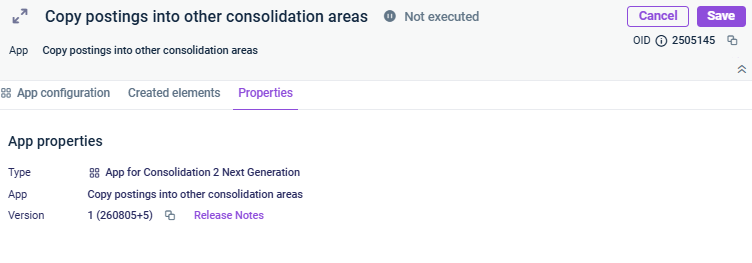 Shows the 'Properties' tab of a consolidation app