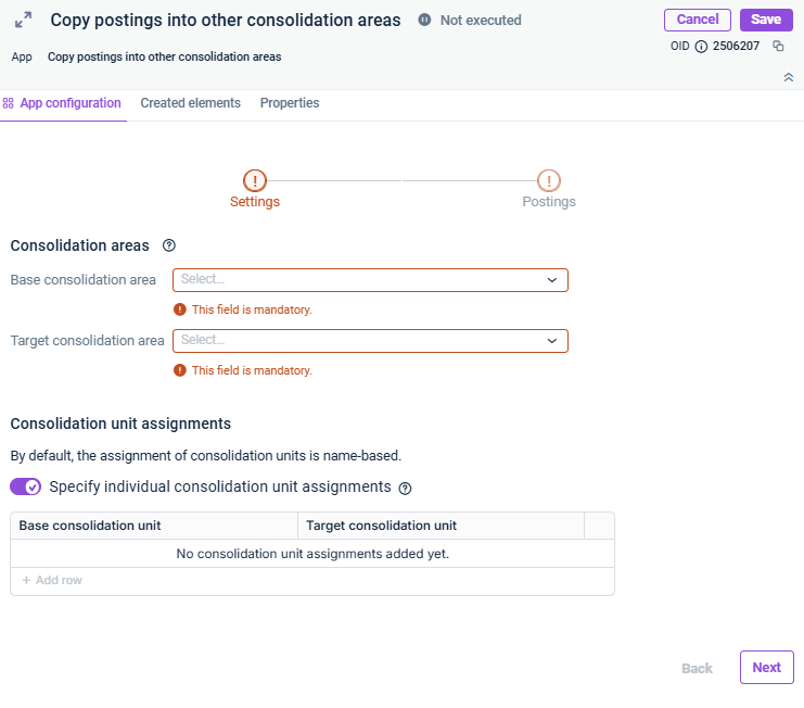 Shows the 'Settings' step of the app 'Copy postings into other consolidation areas'