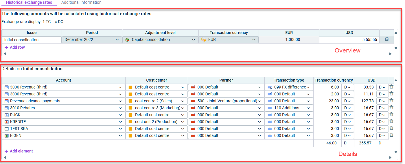Configuration of a posting of type 'Translation with historical exchange rates' is displayed.
