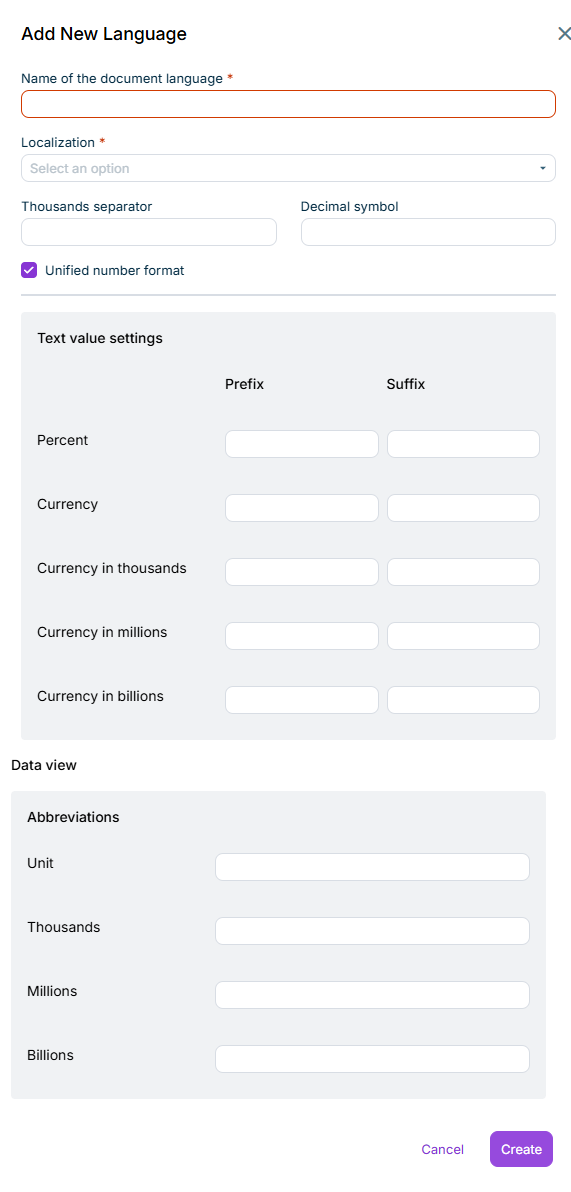 Configuring the settings for a new document language