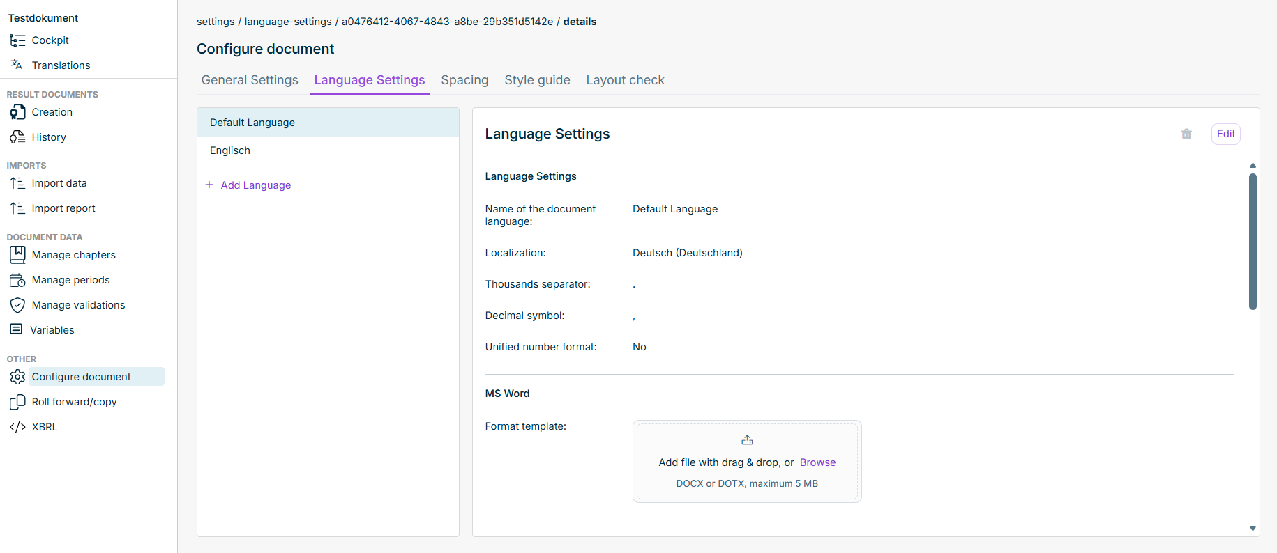 The 'Language Settings' tab in the 'Configure document' workspace
