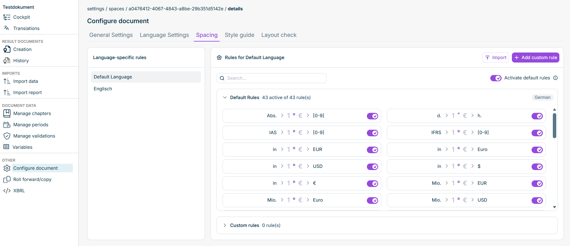 The 'Spaces' tab in the 'Configure document' workspace