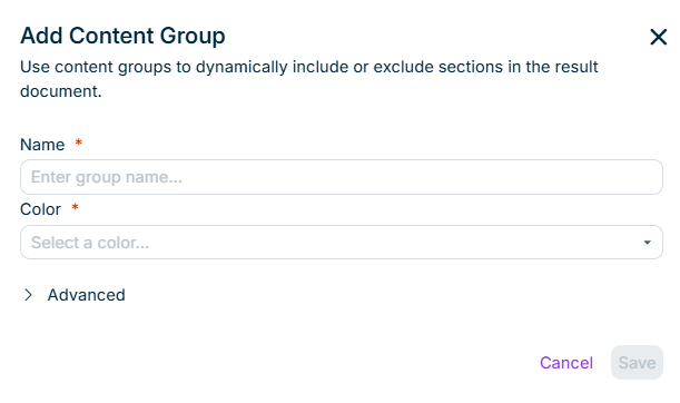 The 'Add Content Group' dialog with the Name and Color fields and the expanded 'Advanced' area with the 'firesys color' field