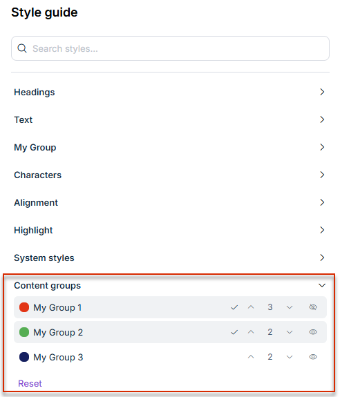 The 'Content Groups' area in the 'Style Guide' window in MS Word, with the icons for assigning, browsing, and marking occurrences, as well as the 'Reset' button.