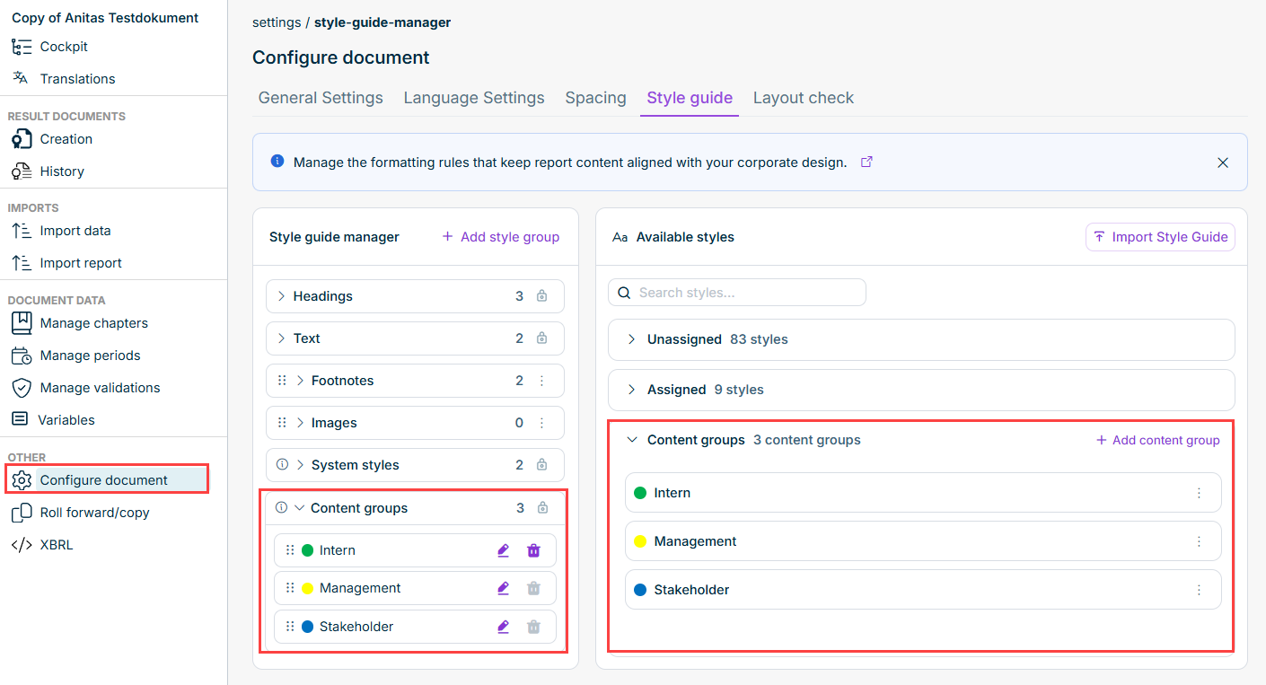 The 'Content Groups' area in the Style Guide Manager with the 'Intern', 'Management', and 'Stakeholder' content groups