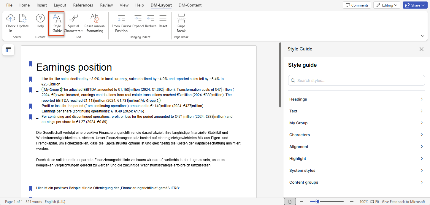 The screenshot shows the 'Style Guide' button on the Word ribbon and the opened 'Style Guide' window with the style categories and the 'Content Groups' area.