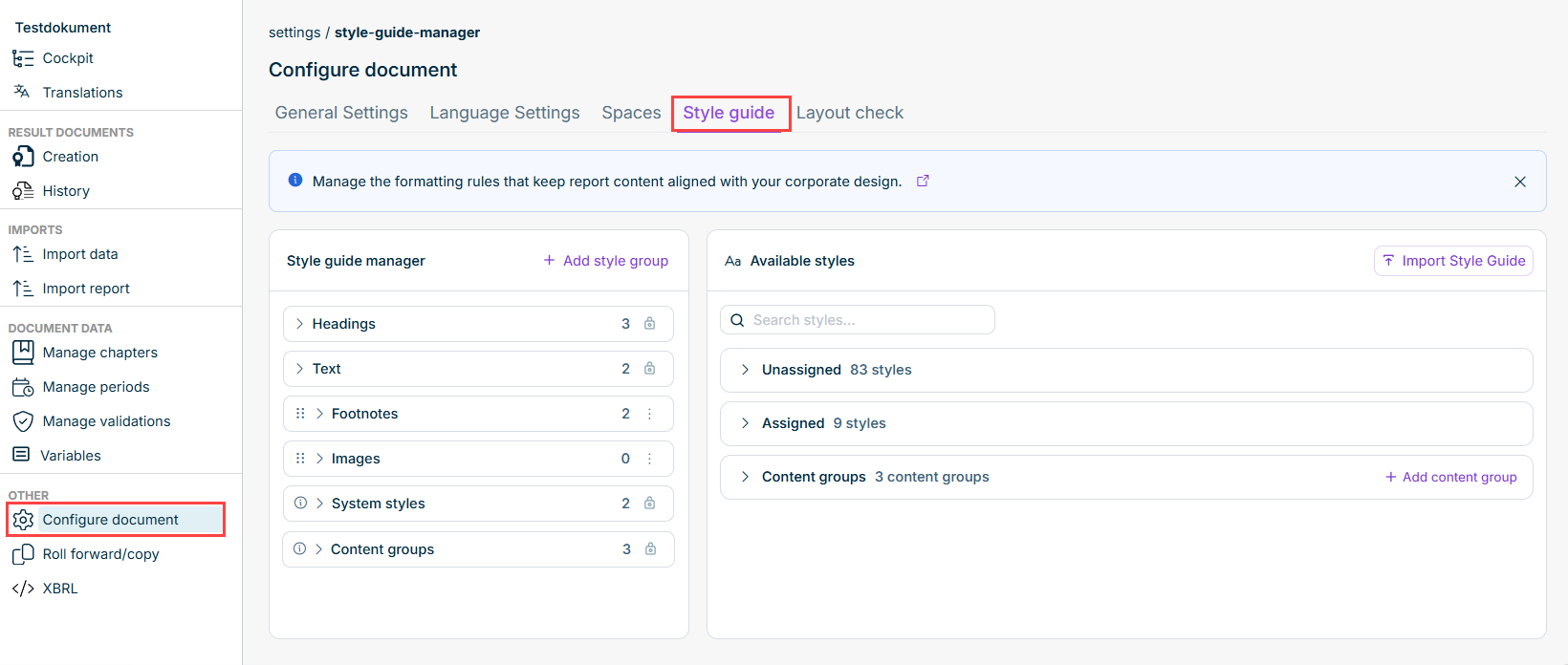 The 'Style Guide' tab in the 'Configure document' work area