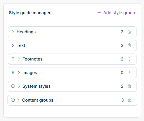 Groups displayed in the Style Guide Manager