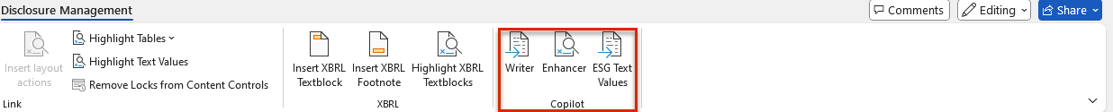 Section of the Word ribbon. The 'Writer' and 'Enhancer' buttons are outlined in red.