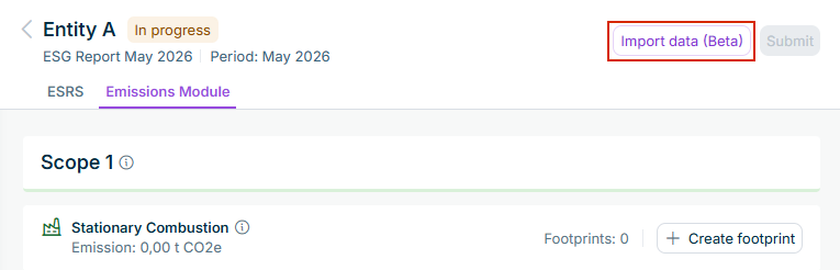 The 'import data' button in the Emissions Module is highlighted in red.